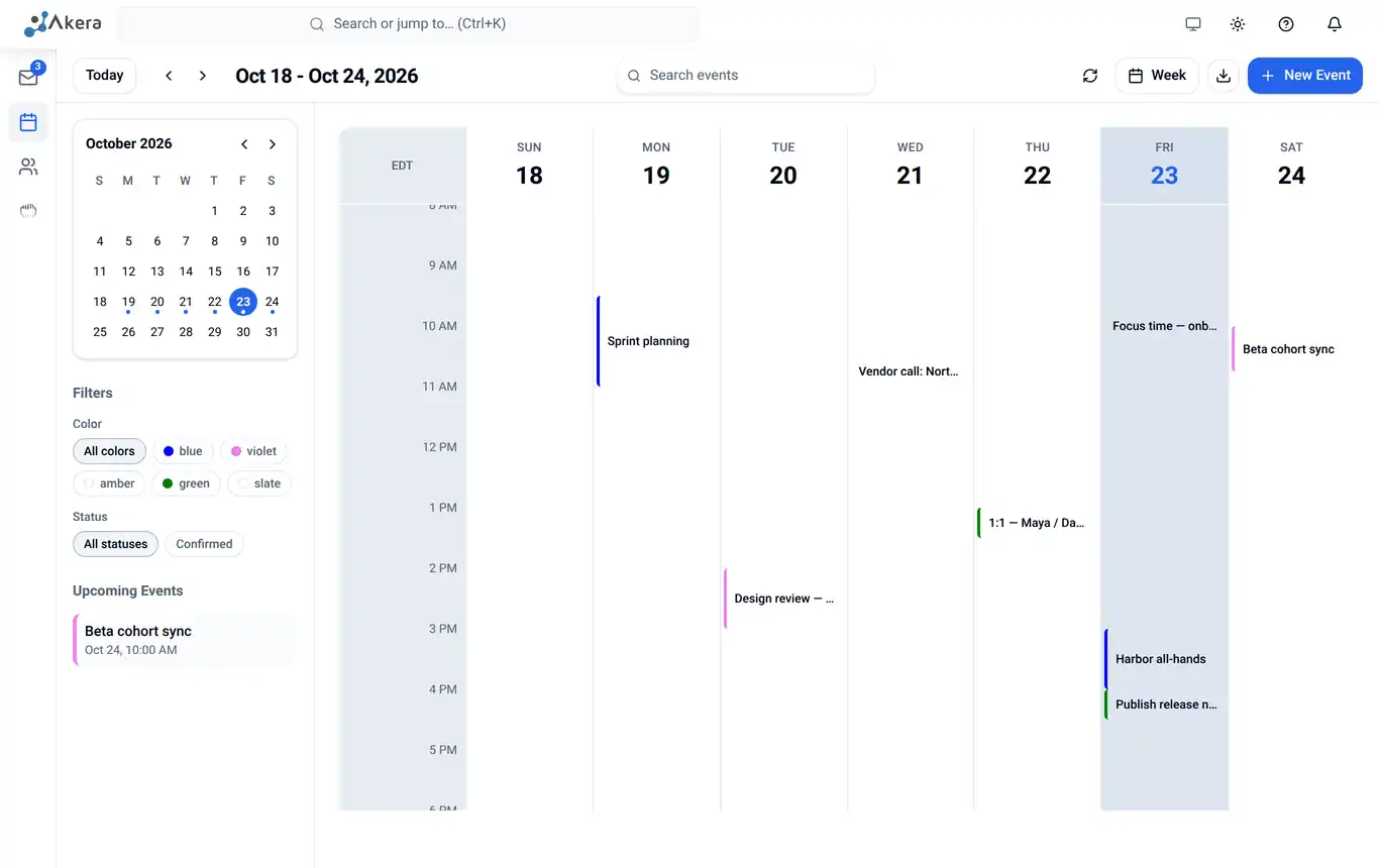Akera calendar in week view with team events such as sprint planning, a design review, and a vendor call.