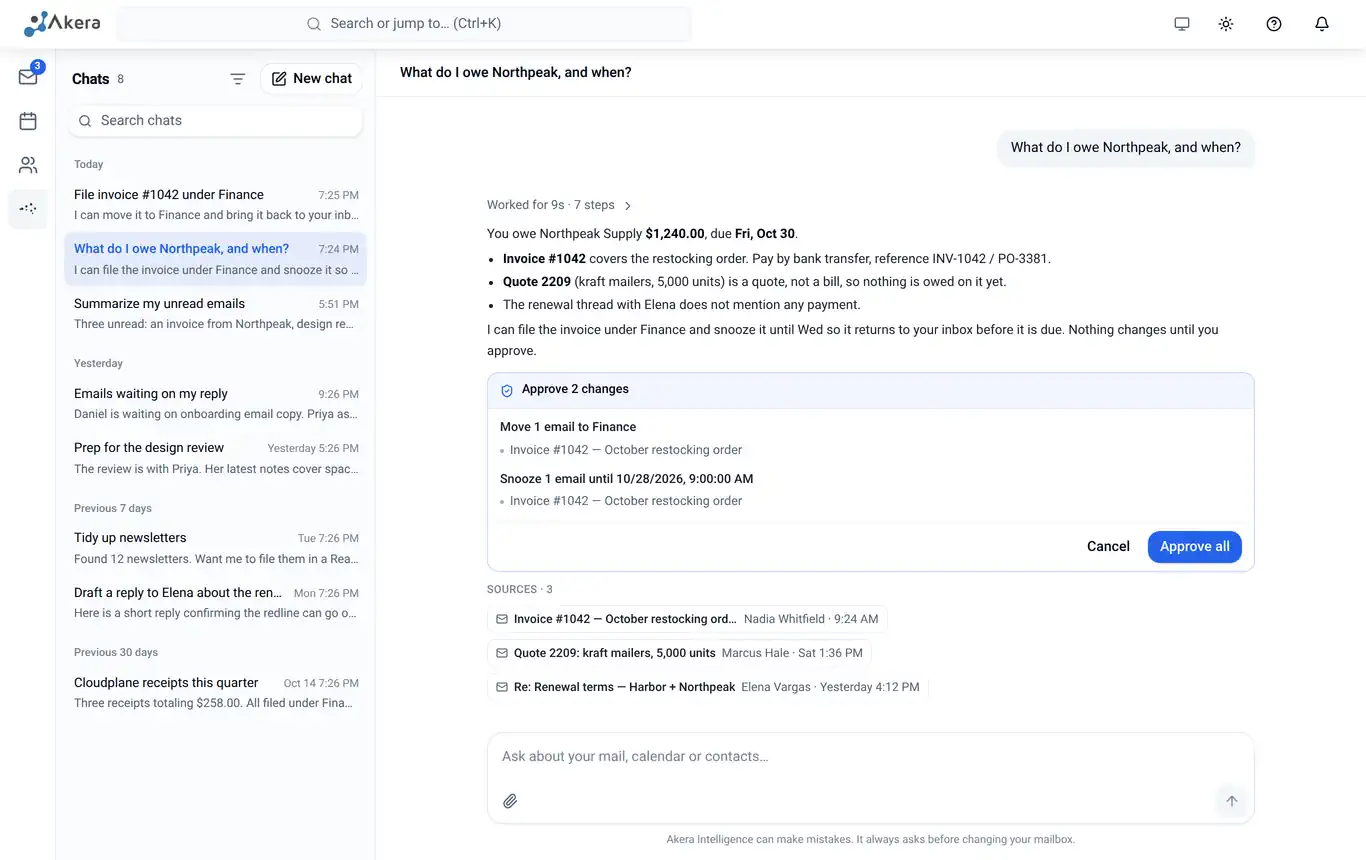 Akera Intelligence answering "What do I owe Northpeak, and when?" with the invoice and quote it read, then asking approval to move the invoice to Finance and snooze it.